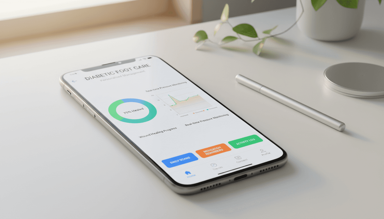 Mobile health app interface for diabetic foot ulcer management displayed on smartphone