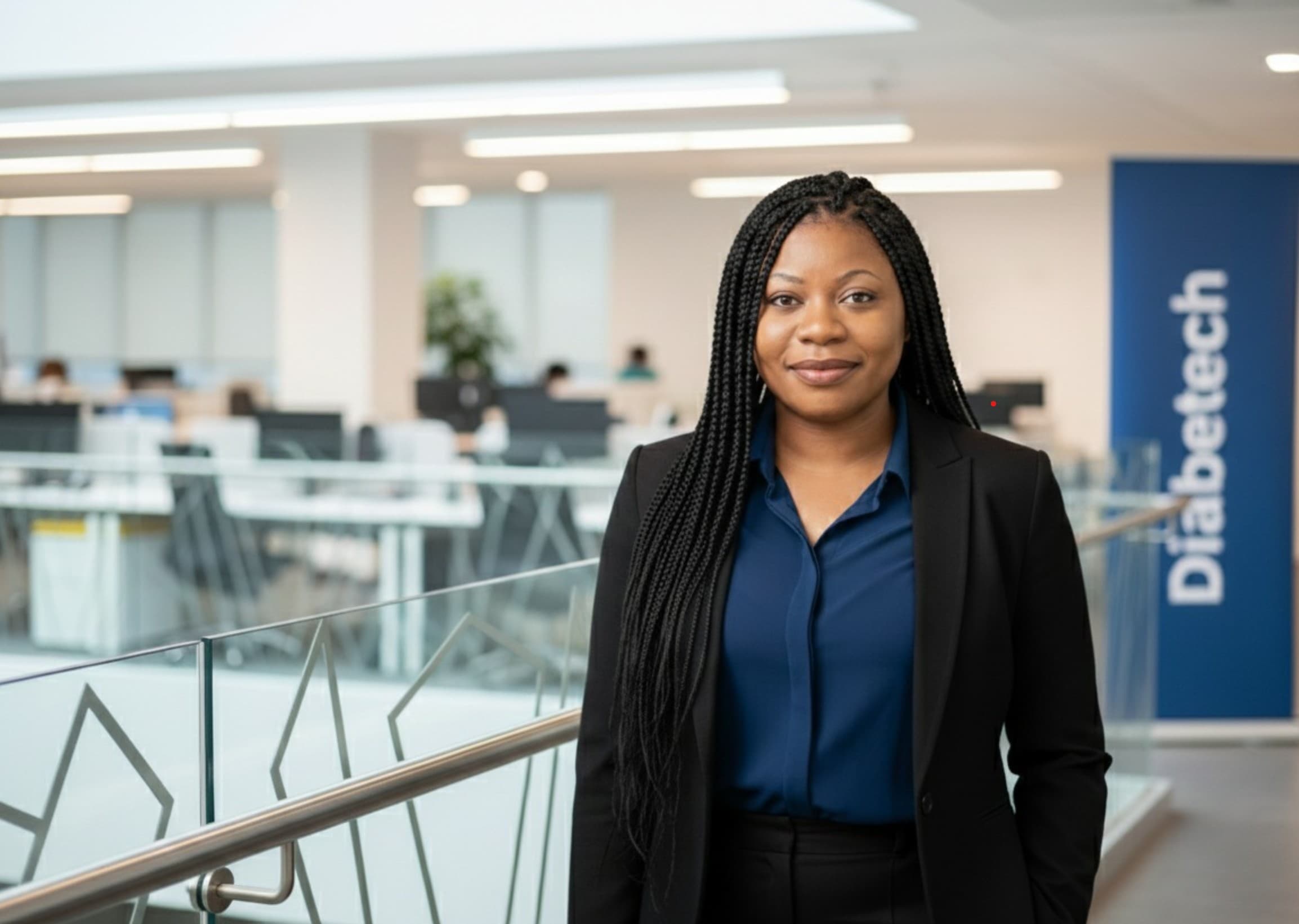 Professional Black woman with long braids wearing a blazer, standing in a modern Diabetech office.