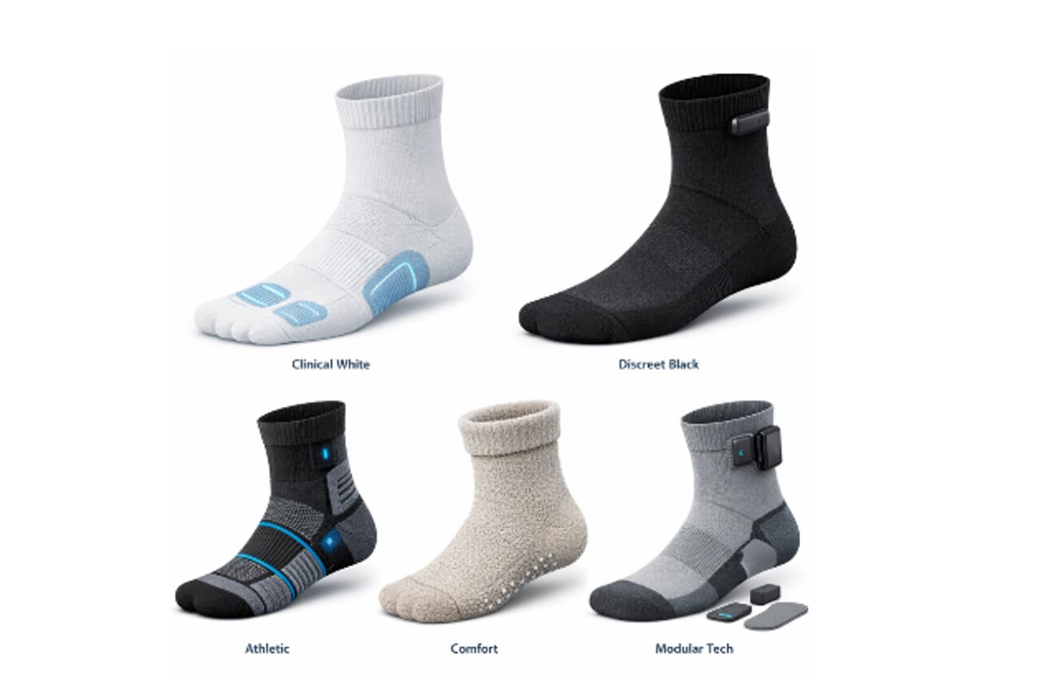 Five types of smart socks: clinical white, discreet black, athletic, comfort, and modular tech designs.