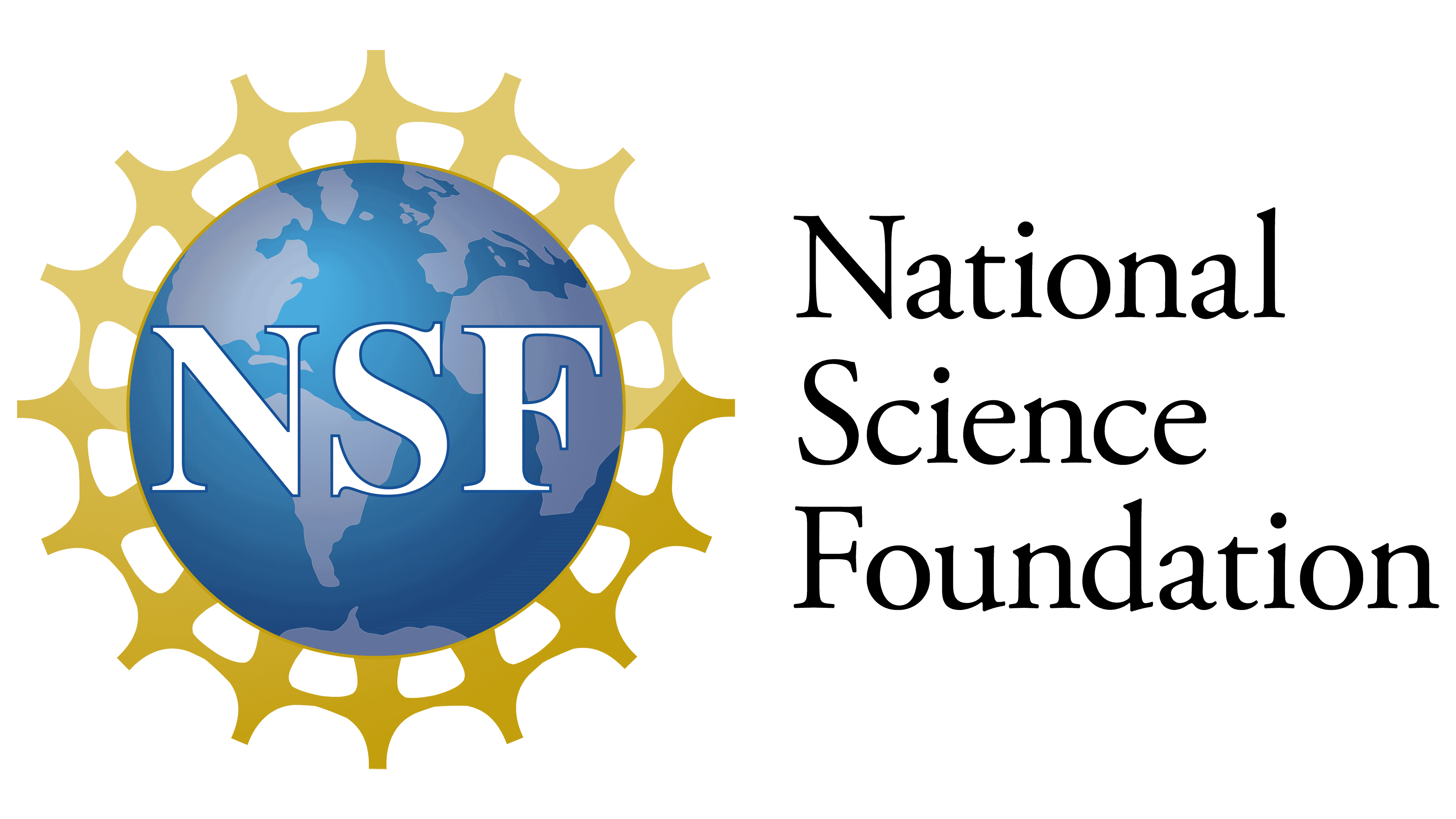 National Science Foundation logo featuring white NSF text on a blue globe and gold sunburst.