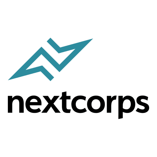 Nextcorps logo with a teal geometric icon and black lowercase text on white background.